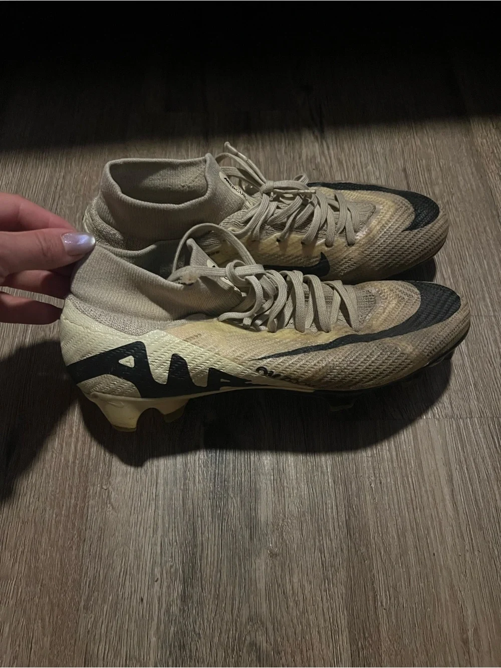 Nike Men’s Soccer Cleats in Beige with Black Swoosh